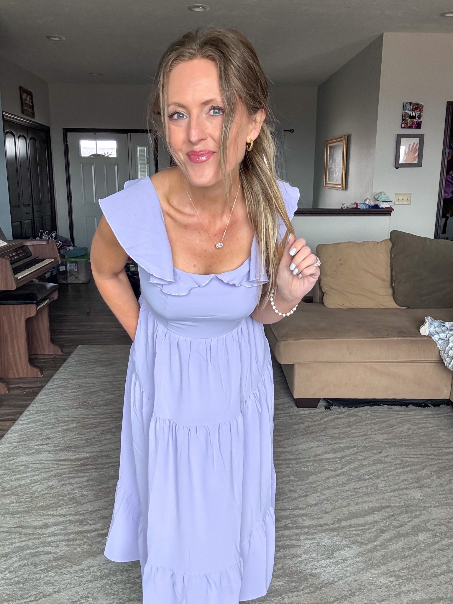Loving this cute ruffle detail on this lavender maxi dress! 💜 Super cute! Wearing a small.

As an Amazon Influencer I earn commission on qualifying purchases.

Mom style, Easter dress idea, wedding guest dress inspo, purple dress, lavender dress, spring style 2026

#LTKmomlife #LTKMidsize #LTKOver40