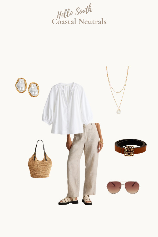 Effortless coastal chic outfit ideal for women over 50. Perfect for Florida summers or a beach vacation, featuring breezy linen pants, a light, airy blouse, and neutral sandals for an easy, timeless look. Beachy shell-inspired earrings and necklace.  

 #LTKOver40 #LTKFindsUnder100 #LTKStyleTip