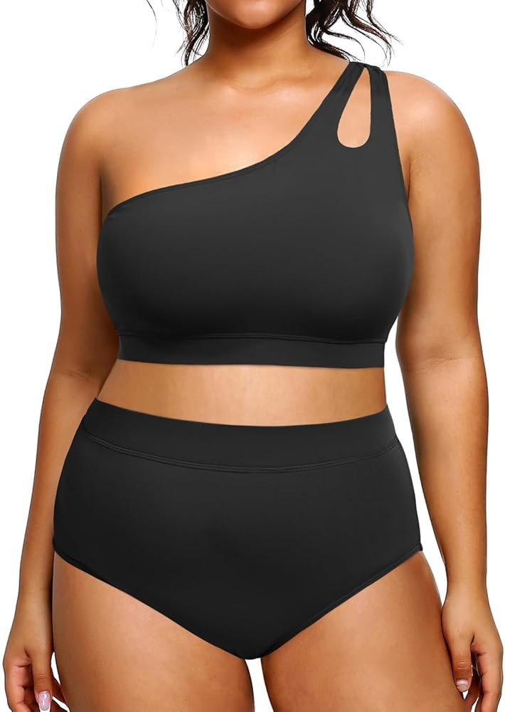 Tempt Me Womens Plus Size High Waisted Bikini Two Piece One Shoulder Swimsuit Keyhole Bathing Sui... | Amazon (US)