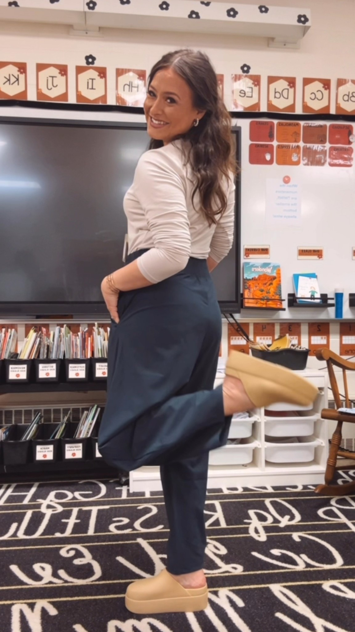Old navy pants in the navy color, top in taupe. I ordered my true size in both, medium!