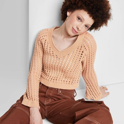 Women's Open Work Cropped Pullover - Wild Fable™ Light Taupe L | Target