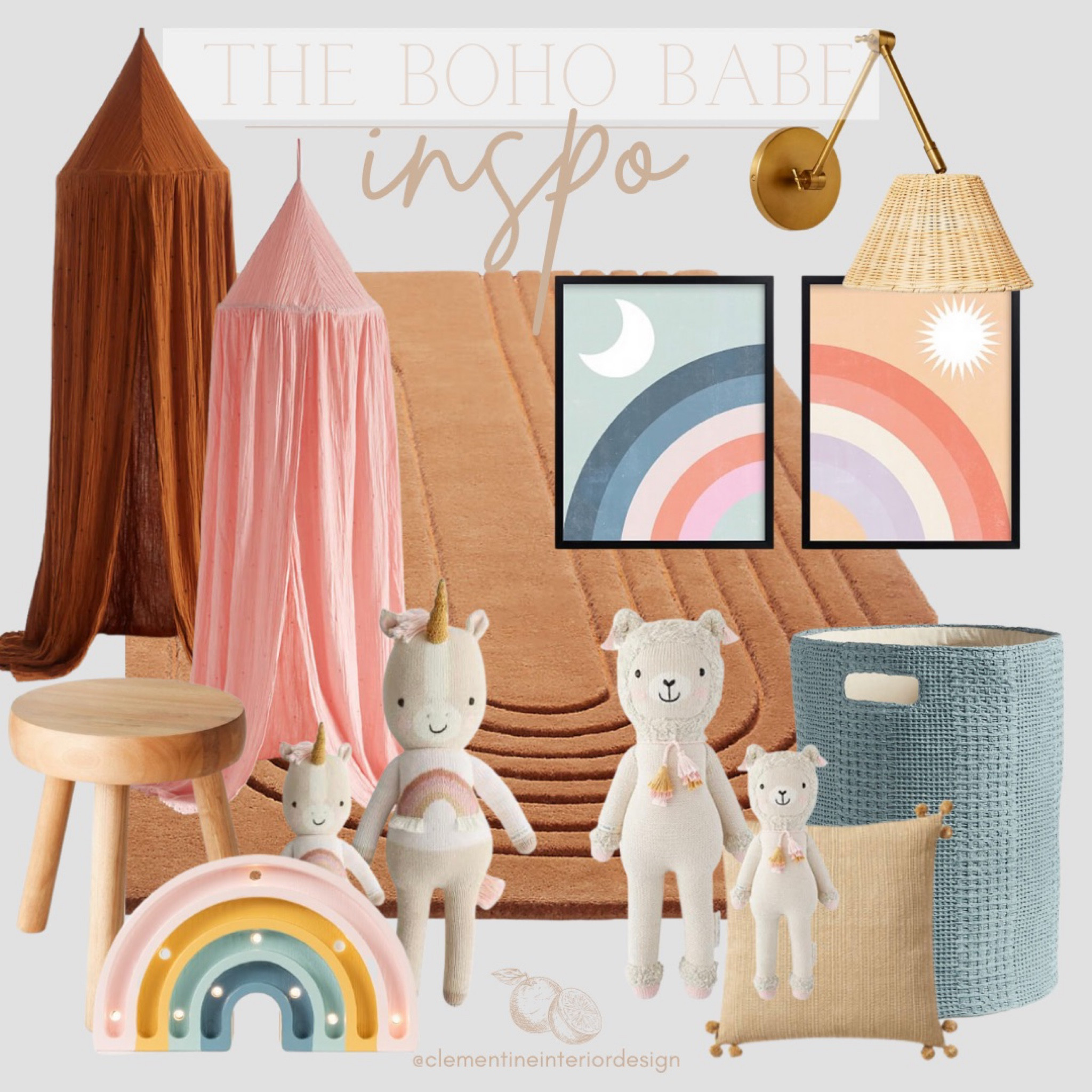 Boho babe nursery and kids room inspo🧡

Kids room design, kids boho decor, bed canopy, rainbow light, natural wood ottoman, rattan wall sconce, cuddle & kind dolls, boho decor, throw blanket, storage basket

#LTKhome #LTKkids #LTKbaby