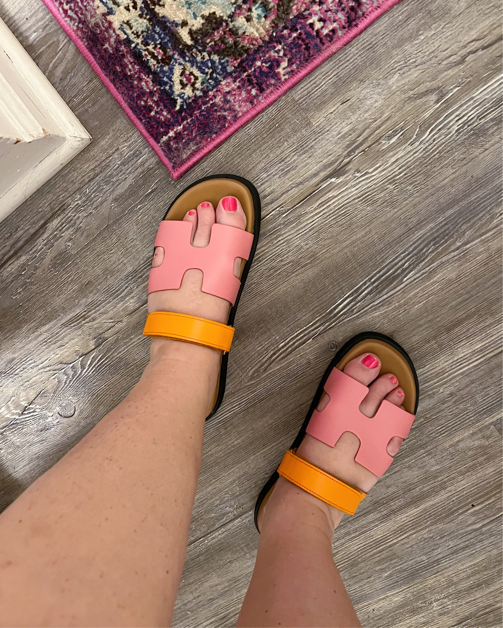 These shoes look and feel so much more expensive than they are! Hermes Chypre dupe sandals, Hermes dupe sandals, H sandals, pink and orange sandals 

#LTKFind #LTKshoecrush #LTKunder100