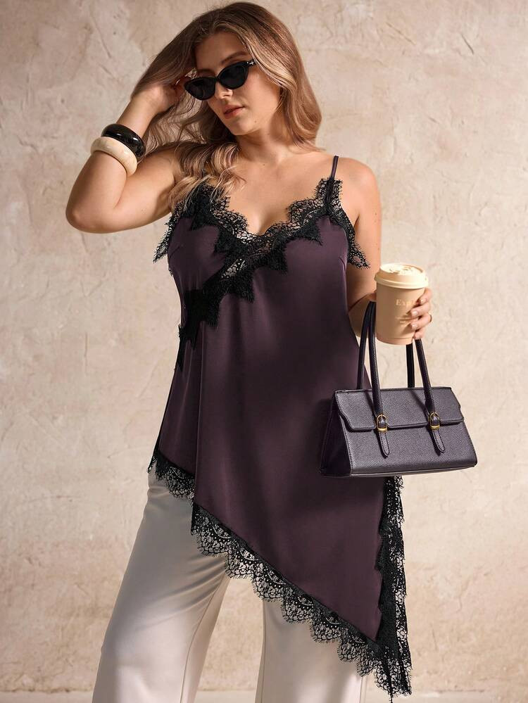 Elegantrix Plus Size Women Urban Casual Lace Asymmetric Hem V-Neck Patchwork Solid Color Camisole | SHEIN