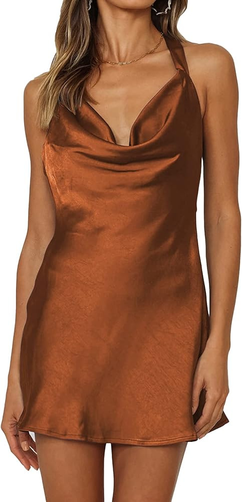 LYANER Women's Satin Silky Cowl Neck Halter Self Tie Back Cocktail Bodycon Mini Dress | Amazon (US)