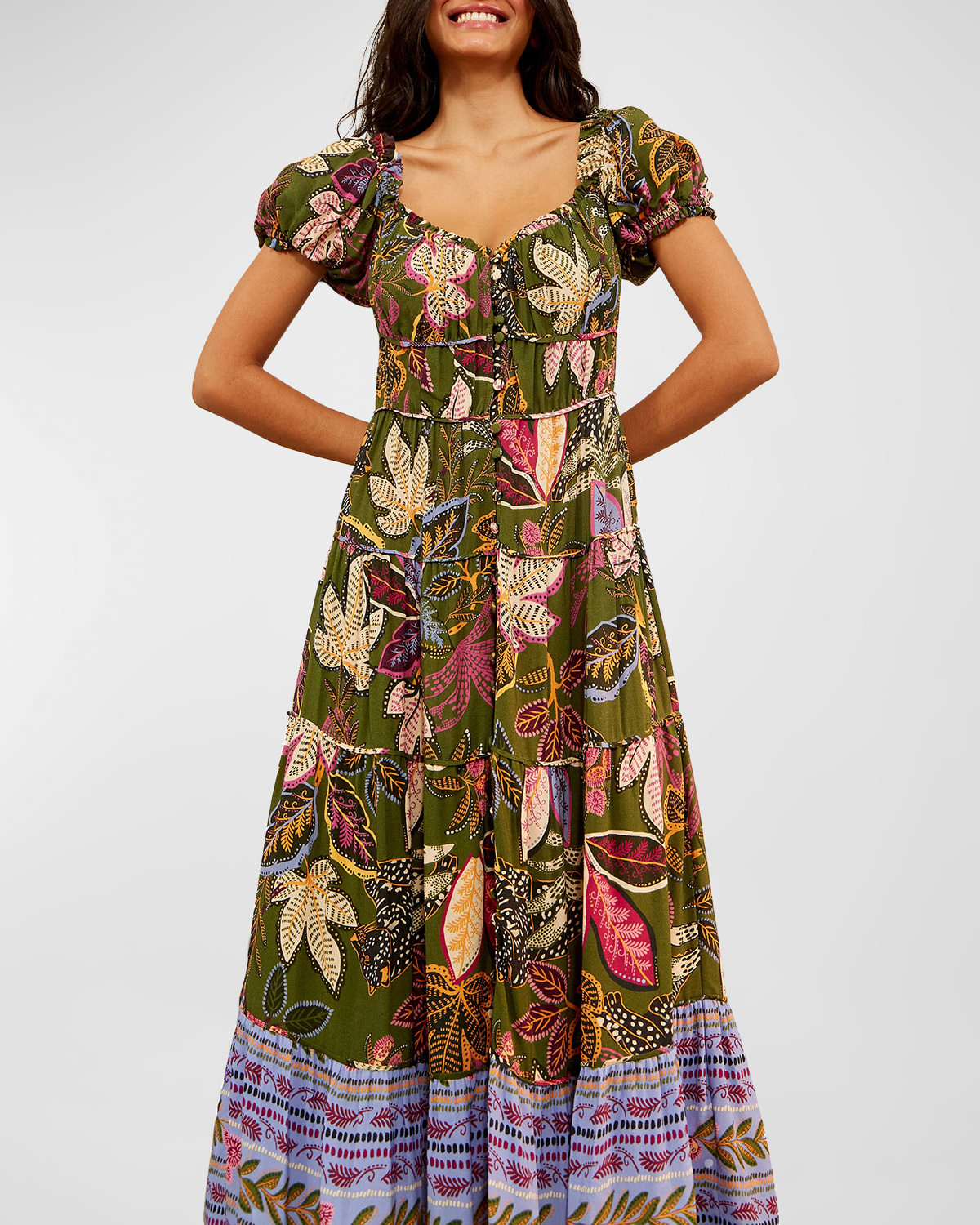 Wild Jungle Floral Puff Sleeve Maxi Dress | Neiman Marcus