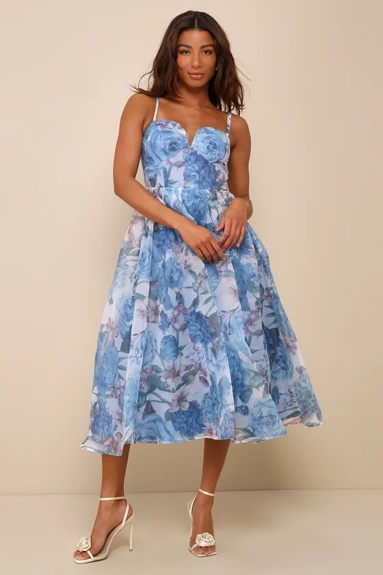 Cherished Aura Blue Multi Floral Organza Bustier Midi Dress | Lulus