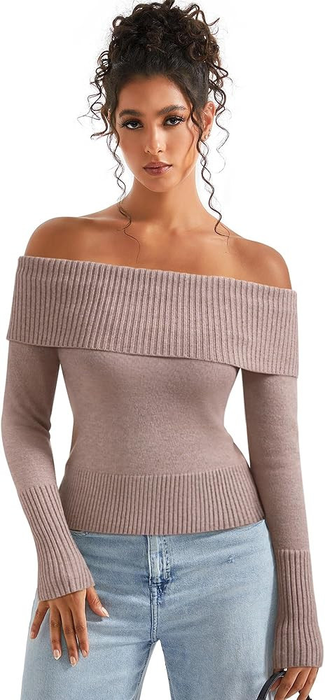 SUUKSESS Women Off Shoulder Sweaters Long Sleeve Ribbed Knit Going Out Fall Tops Blouse | Amazon (US)