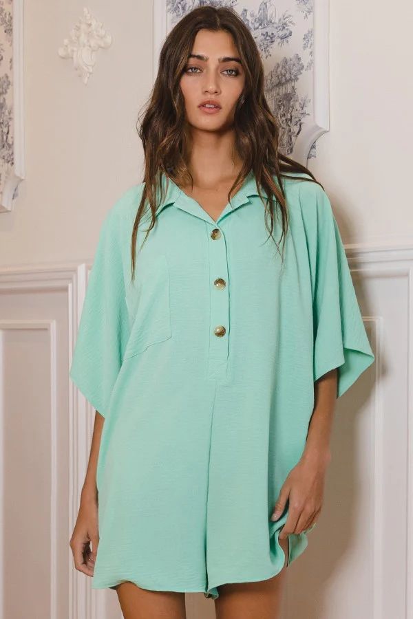 Mint Green Collared Front Button Romper | PinkBlush Maternity