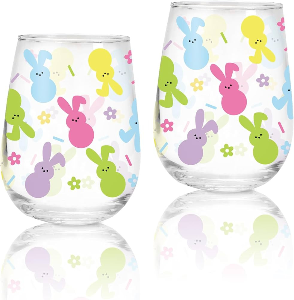 Whaline 2Pcs Easter Stemless Wine Glasses 17oz Colorful Bunny Flower Drinking Glasses Easter Rabb... | Amazon (US)