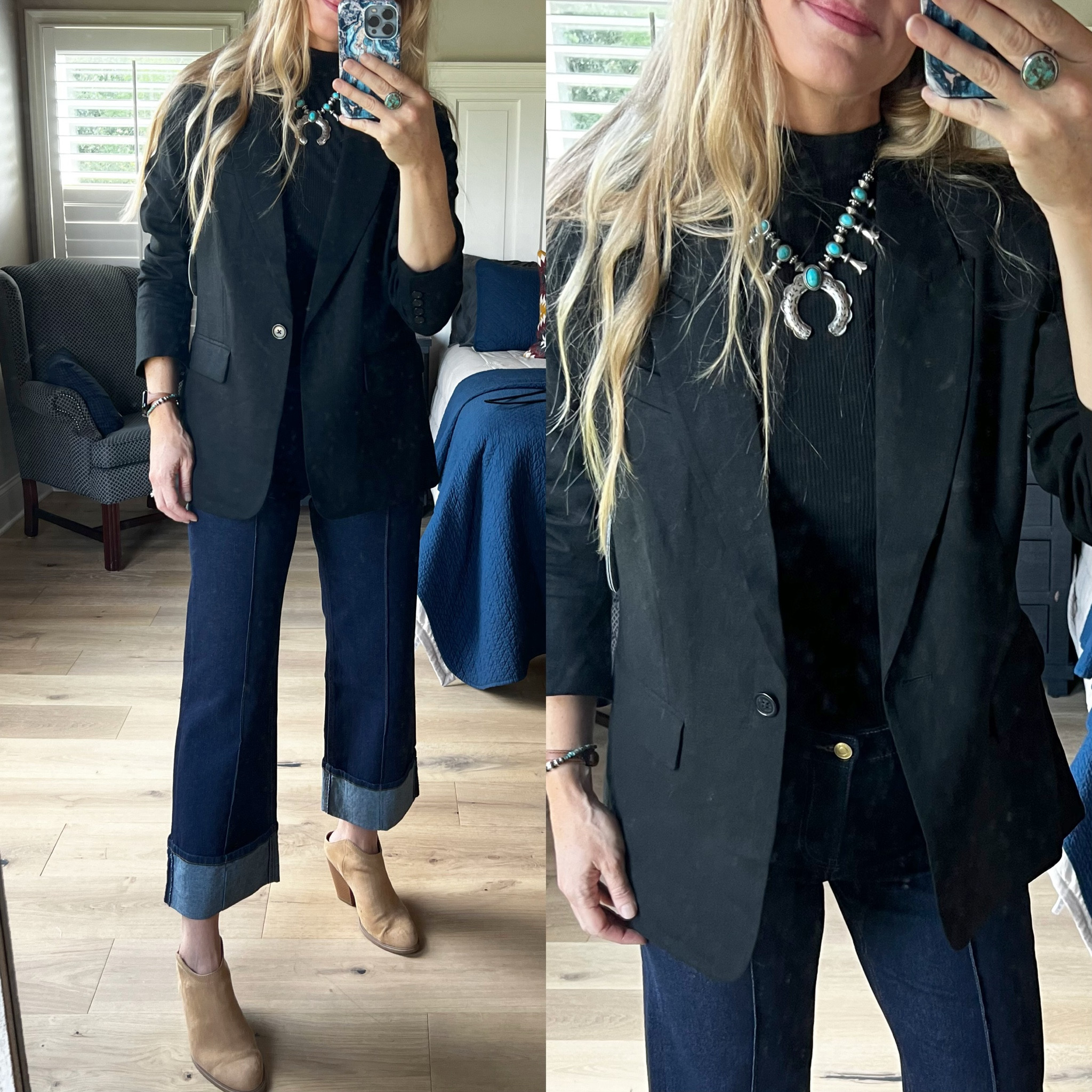 Blazer and jeans outfit. 

Size reference 5’ 9” 140 lbs

Black blazer - medium

Black fitted tee - small

Dark wash jeans - in a 6 but need a 4





Dressy jeans outfit. Walmart fashion. Blazers. Squash blossom. Turquoise necklace. western style.  Dark wash jeans. Cropped jeans. Cuffed jeans Walmart jeans 

#LTKFindsUnder50 #LTKOver40 #LTKWorkwear