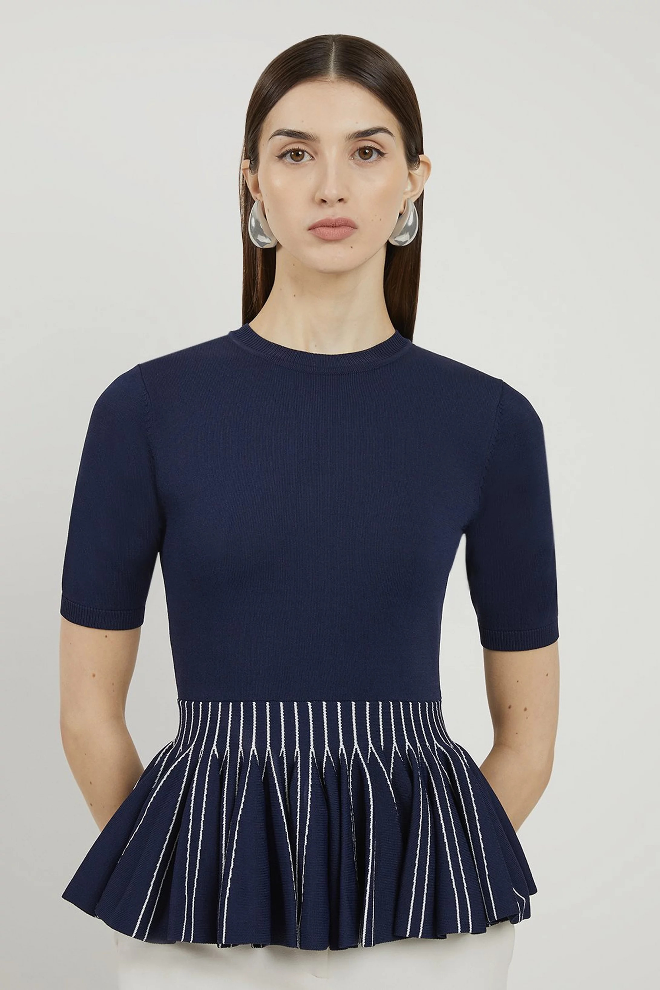 Viscose Blend Rib Knit Peplum Top | Karen Millen UK + IE + DE + NL
