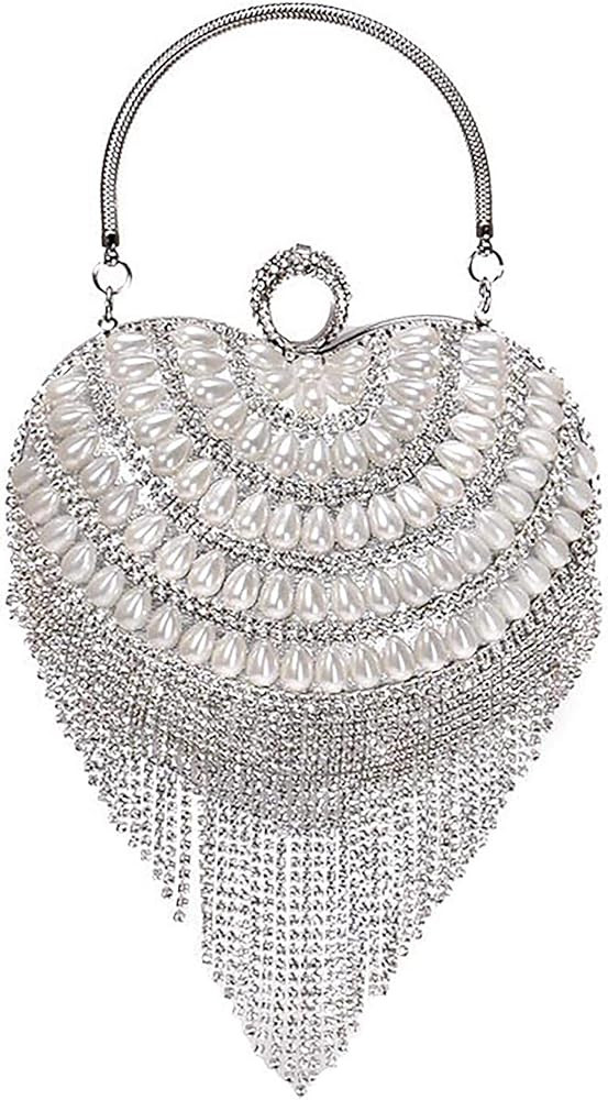 UMREN Women Luxury Heart Shape Tassel Evening Clutch Bag Rhinestones Wedding Party Purse Handbag | Amazon (US)