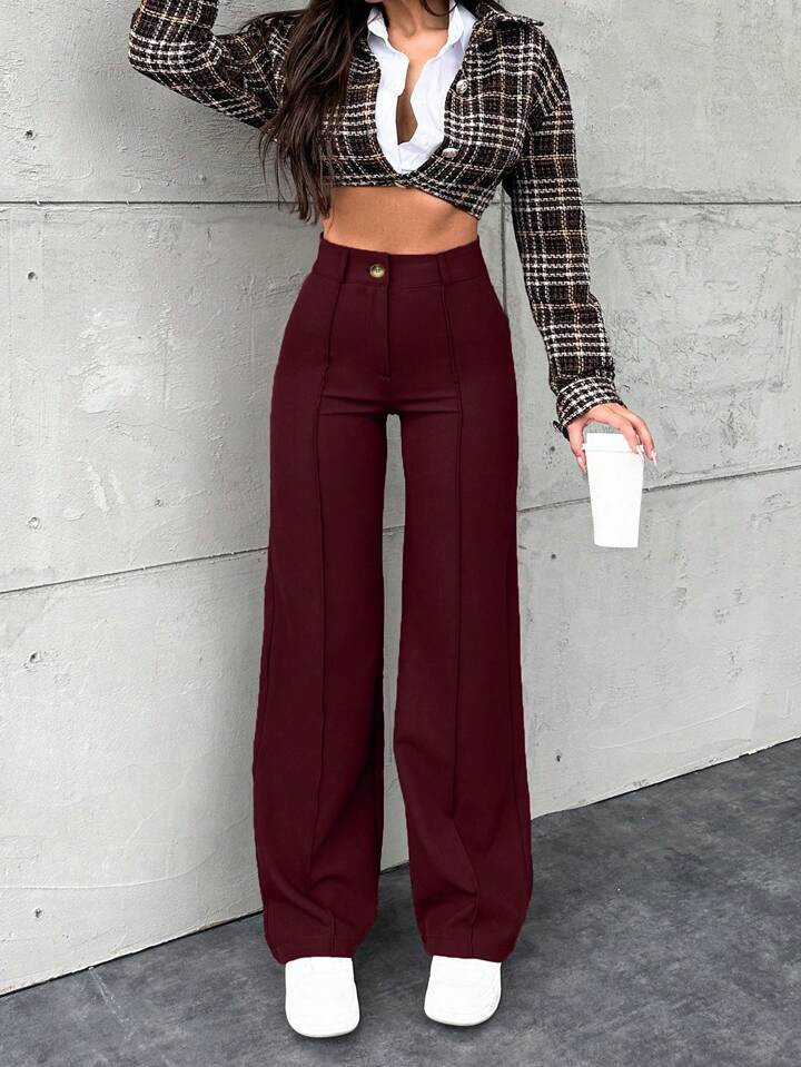 SHEIN Women Solid Zipper Fly Seam Front Straight Leg Suit Pants | SHEIN USA | SHEIN