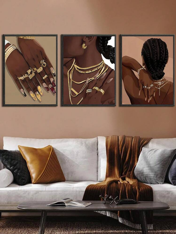 Set Of 3 Vintage African American Men And Women Fingers Art Posters, Fashionable Home Decoration, Ideal Gift, For Living Room, Bedroom, Dining Room, Office, Kitchen, Bar, Study Room, Canvas Painting Without Frame,Wall Art Gifts Birthday Graduation | SHEIN