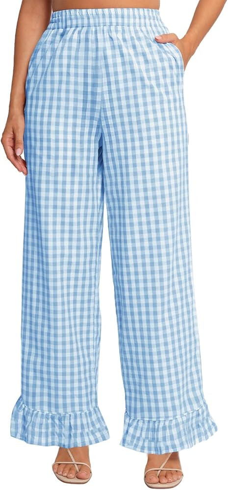 Flygo Women's Gingham Pants Y2K Cotton Wide Leg Ruffle Hem Lounge Pants Plaid Elastic Wasited Tro... | Amazon (US)