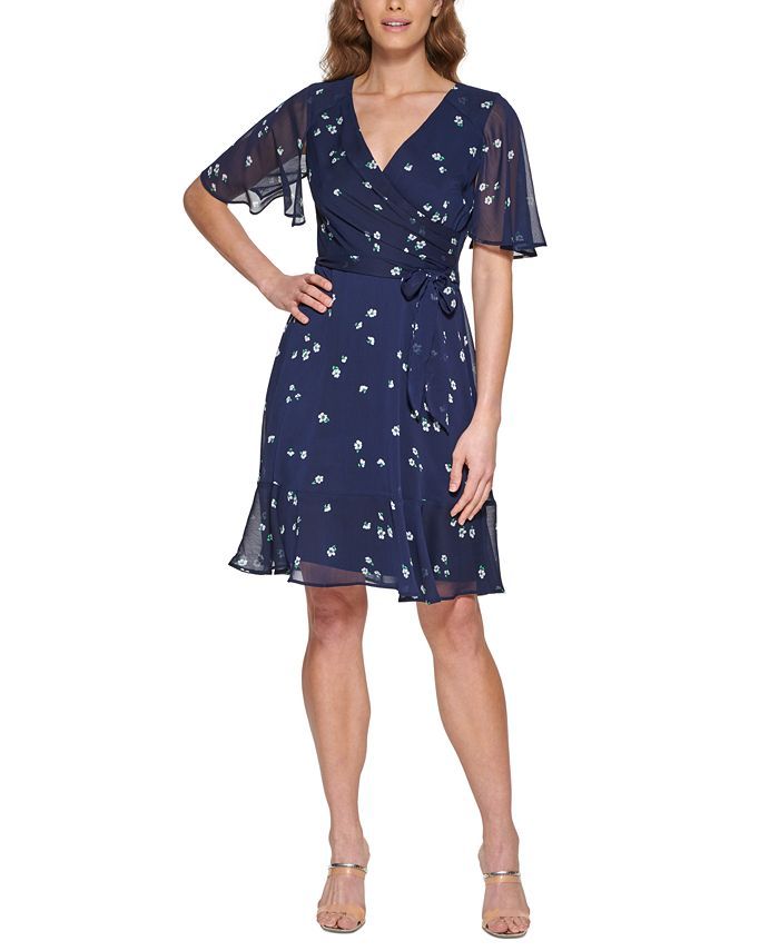 DKNY Printed Flutter-Sleeve Faux-Wrap Dress & Reviews - Dresses - Women - Macy's | Macys (US)