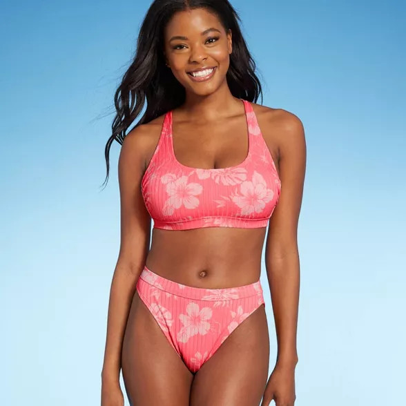 Juniors' Ribbed Racer Bralette Bikini Top - Xhilaration™ Bright Pink Floral | Target