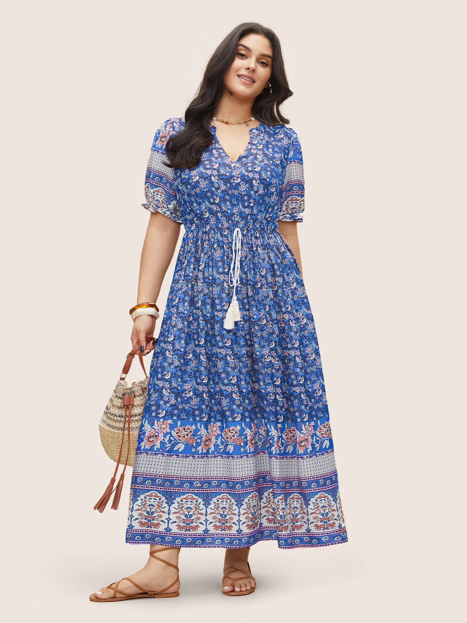 Boho Print Notched Ties Tassel Trim Dress | Bloomchic