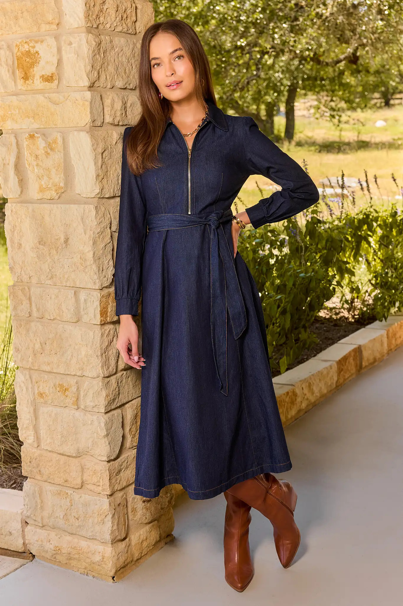 Denim Zip Up Collared Midi Dress | Avara