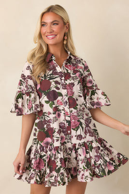 En Saison Miranda Ivory & Burgundy Floral Cotton Mini Dress XS / Multi | Red Dress