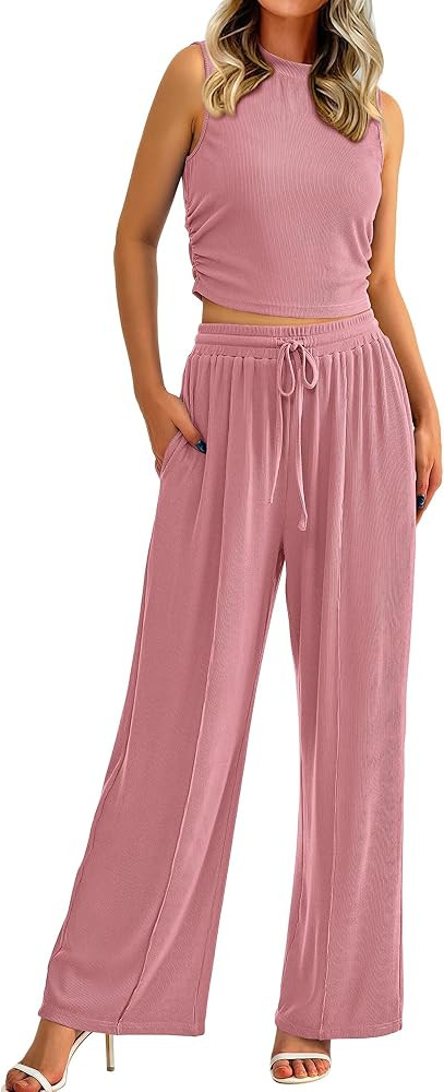 BTFBM Women Summer 2 Piece Outfits Ribbed Knit Crew Neck Sleeveless Cropped Top Elastic Waist Wid... | Amazon (US)