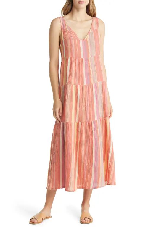 Marine Layer Corinne Tiered Cotton Maxi Dress in Red Variegated Stripe at Nordstrom, Size Medium | Nordstrom