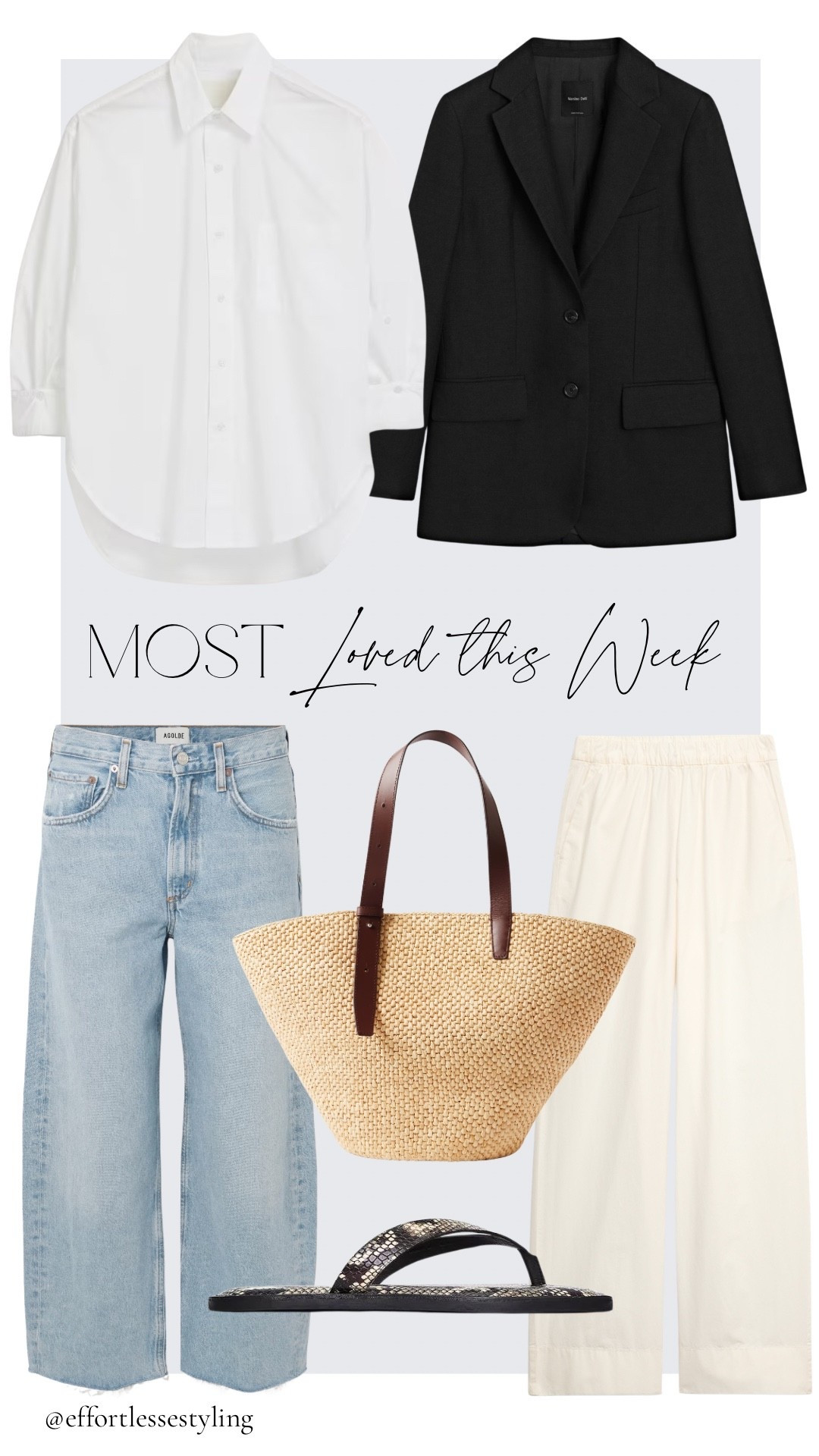 Most Loved this week 29/3/26

White cotton shirt, black linen blazer with pockets, large raffia tote bag with tan leather handles, snake print leather flip flops, ecru pure cotton poplin straight leg trousers, blue frayed hem wide leg jeans. 

#LTKuk #LTKspring #LTKstyletip