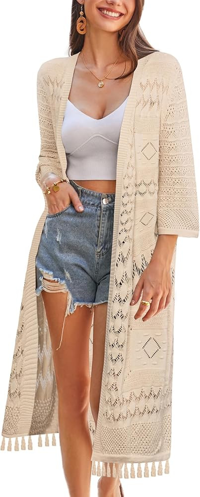 GRACE KARIN Womens Knit Cardigan Crochet Hollow Out Tassel Boho Kimonos Cardigan 2024 Open Front ... | Amazon (US)