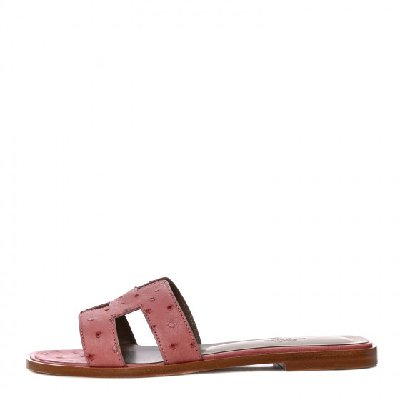 HERMES Ostrich Oran Sandals 37.5 Rouge Blush | Fashionphile