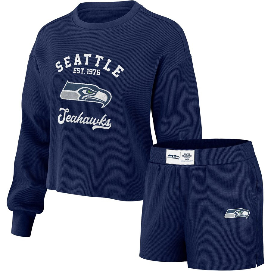 Seattle Seahawks WEAR by Erin Andrews Women's Waffle Knit Long Sleeve T-Shirt & Shorts Lounge Set... | Fanatics