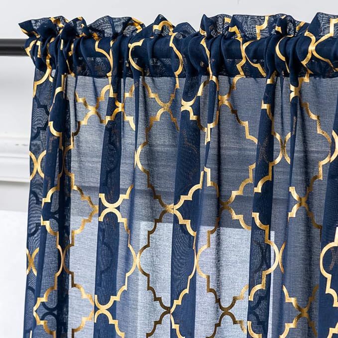 Navy Blue and Gold Sheer Curtains 84 Inch Length Foil Geometric Trellis Pattern Window Treatment ... | Amazon (US)