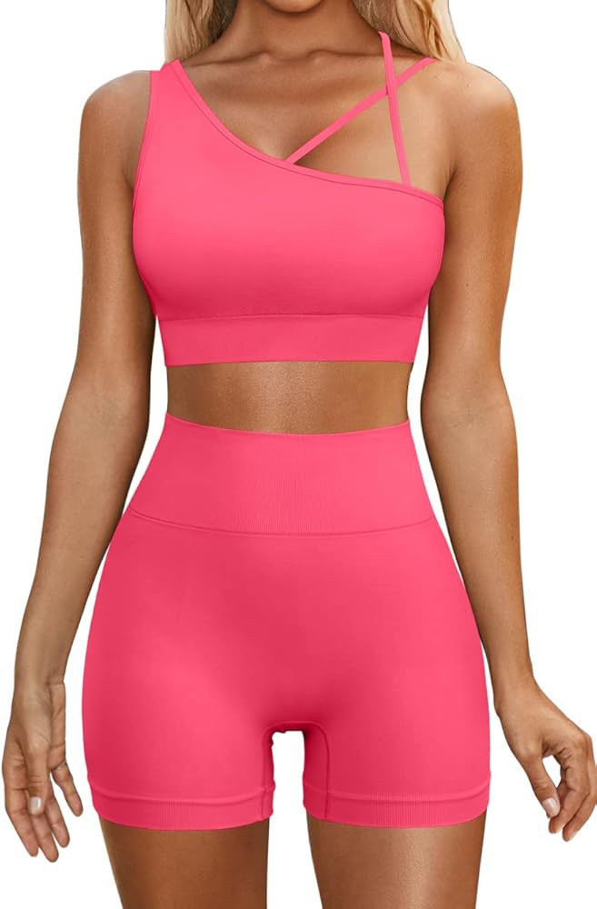 QINSEN Workout Sets for Women One Shoulder Sport Bra High Waist Booty Shorts Seamless Gmy Yoga 2 Pie | Amazon (US)