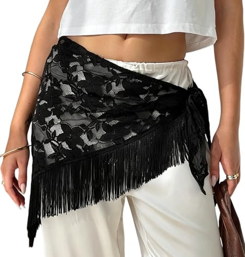 Women Y2k Lace Hip Scarf Triangle Tassel Waist Chain Belt Skirt Mesh Beach Cover Up Skirt Wraps(Tassel Black,One Size) | Amazon (US)