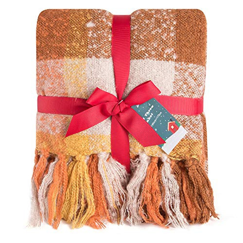 G Lake Orange Plaid Blanket Throw Acrylic Soft Reversible Dyed Fringed Bed Blanket for Christmas Decorations 50" W x 67" L-Orange | Amazon (US)