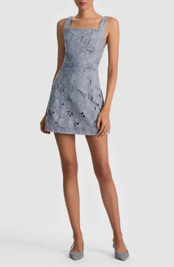 Alice + Olivia Maryann Embroidered Floral Eyelet Denim Dress in Rockstar Blue at Nordstrom Rack, Size 2 | Nordstrom Rack