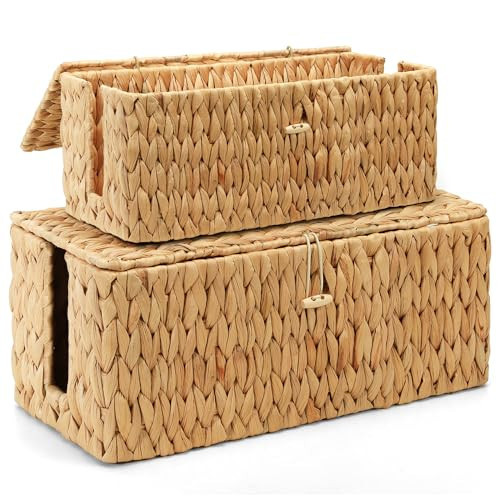 Posprica Cable Management Box with Lid, 2Pack Handwoven Real Water Hyacinth Cord Hider Organizer Boxes, 2 Side Open Slots Storage Box to Hide Cords Power Strip for Desk, Floor, Office | Amazon (US)