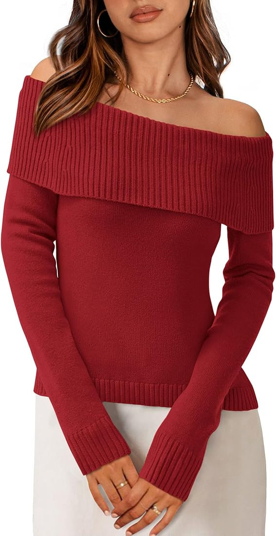 PRETTYGARDEN Women's Fall Off Shoulder Sweaters Y2K Long Sleeve Ribbed Knit Fitted Pullover Winte... | Amazon (US)