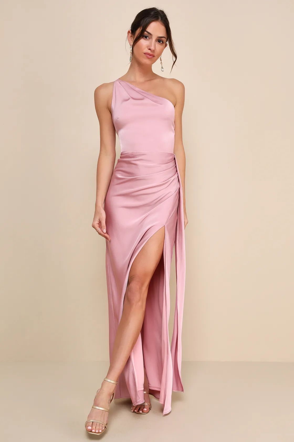 Signature Elegance Rose Satin One-Shoulder Maxi Dress | Lulus