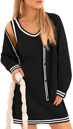 Fisoew Womens 2 Piece Outfits Casual Button Down Cardigan Sleeveless Loose Mini Dress Knit Sweate... | Amazon (US)