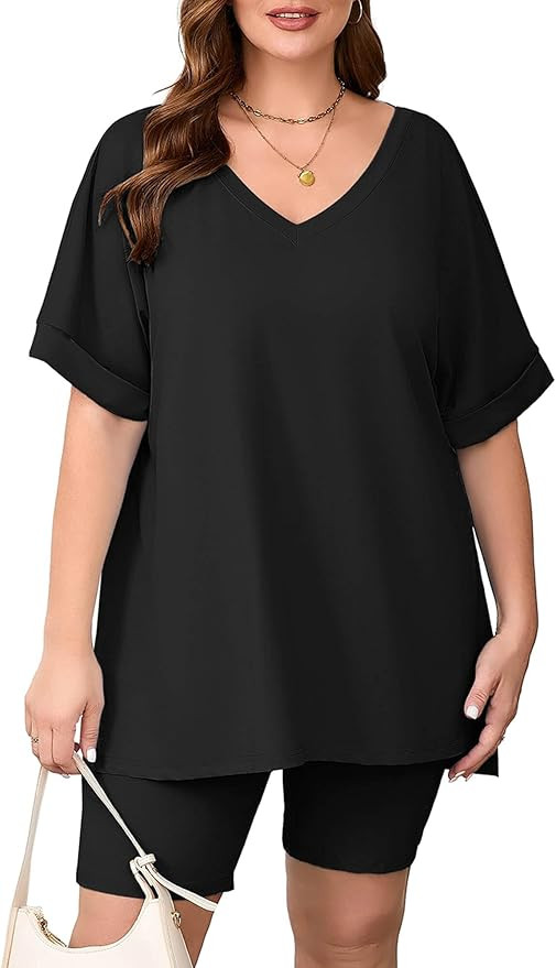 AusLook Women's Plus Size 2 Piece Short Outfits Set Short Sleeve Tops and Shorts Pants Lounge Jog... | Amazon (US)