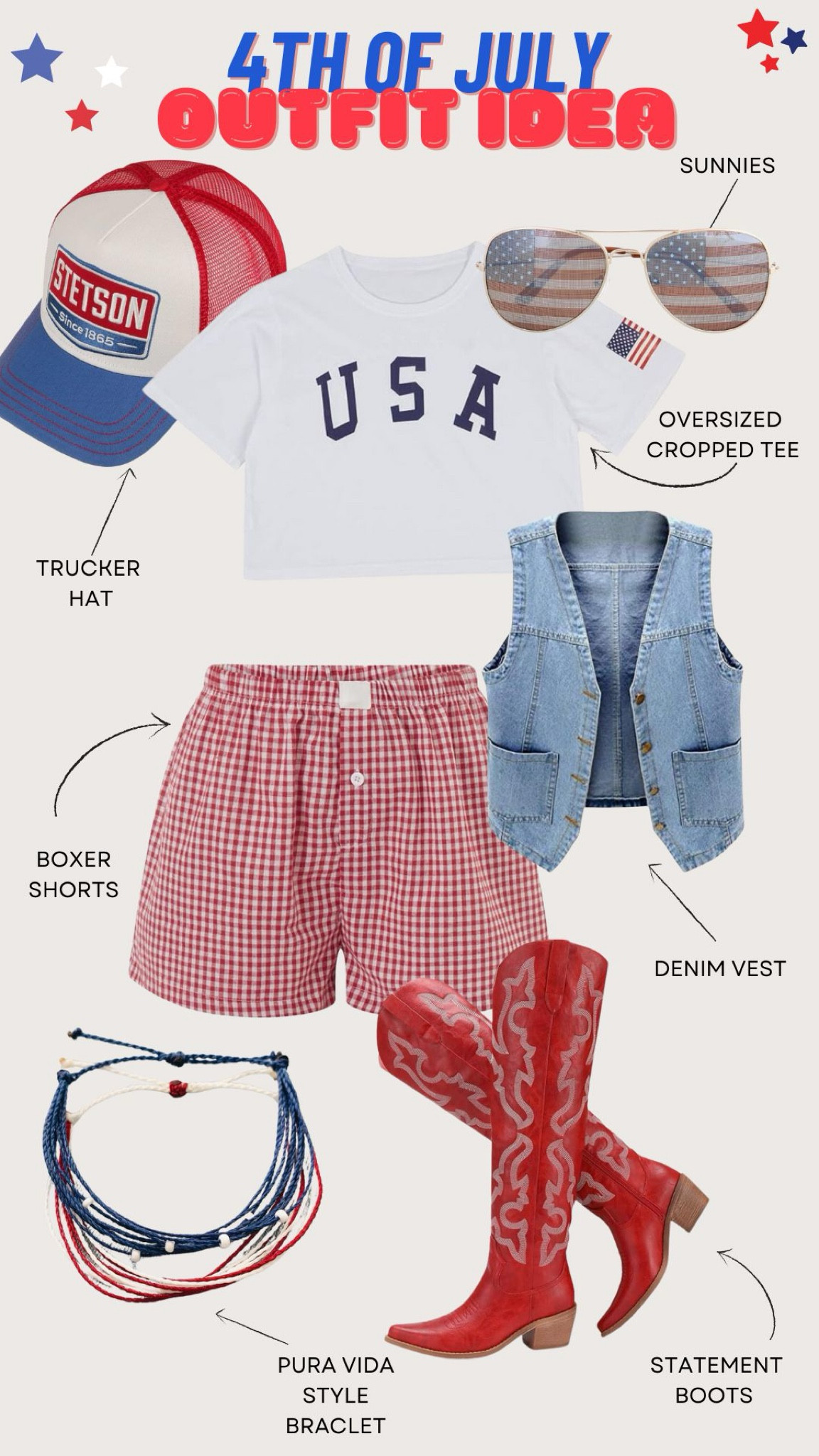 A little coastal cowgirl Fourth of July outfit inspo! I love these red boots and Stetson trucker hat! And the sunnies are just enough of a statement to make your outfit as noticeable as the fireworks will be. Red, white, and boom baby! 

#LTKStyleTip #LTKSeasonal #LTKParties