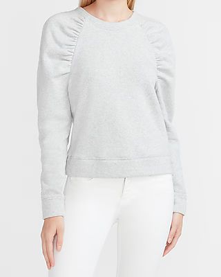 Heathered Ruched Sleeve Crew Neck Sweatshirt | Express