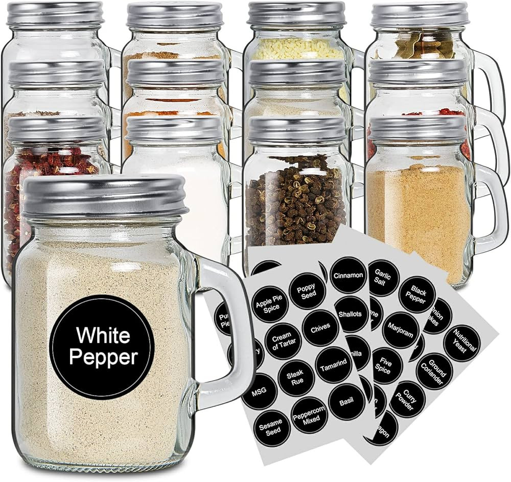 DESIYUE 12PCS Glass Spice Jars - 4oz Empty Square Spice Containers, Herb Bottles with Handles and... | Amazon (US)