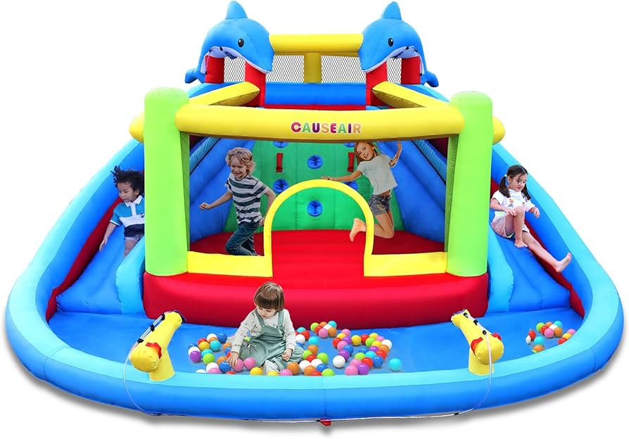 Inflatable Bounce House with Slide,Dolphin Styling,Splashing Pool,Double Water Cannon,Climbing Wa... | Amazon (US)