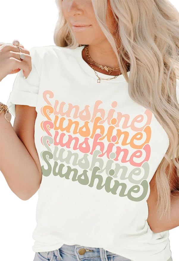 INFITTY Womens Funny Letters Print T Shirts Short Sleeve Shirts Cute Sunshine Graphic Tees Summer... | Amazon (US)