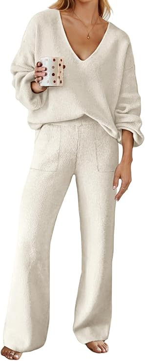 MEROKEETY Women's 2 Piece Outfits Long Sleeve V Neck Knit Pullover Tops and Wide Leg Pant Lounge ... | Amazon (US)