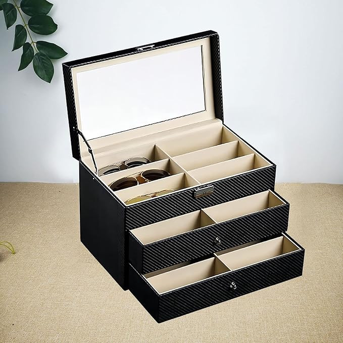 Amazon.com: Cokritsm Carbon Fiber 18 Slot Sunglasses Organizer Box, PU Sunglasses Case with Clear... | Amazon (US)