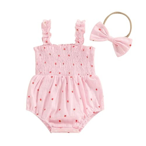 Covvoliy Infant Baby Girl Summer Outfit Clothes Sleeveless Smocked Cotton Linen Romper with Headband (Strawberry Pink, 12-18 Months) | Amazon (US)