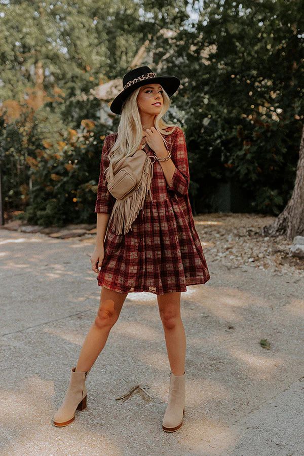 Cherry Mood Plaid Tunic Dress in Wine | Impressions Online Boutique